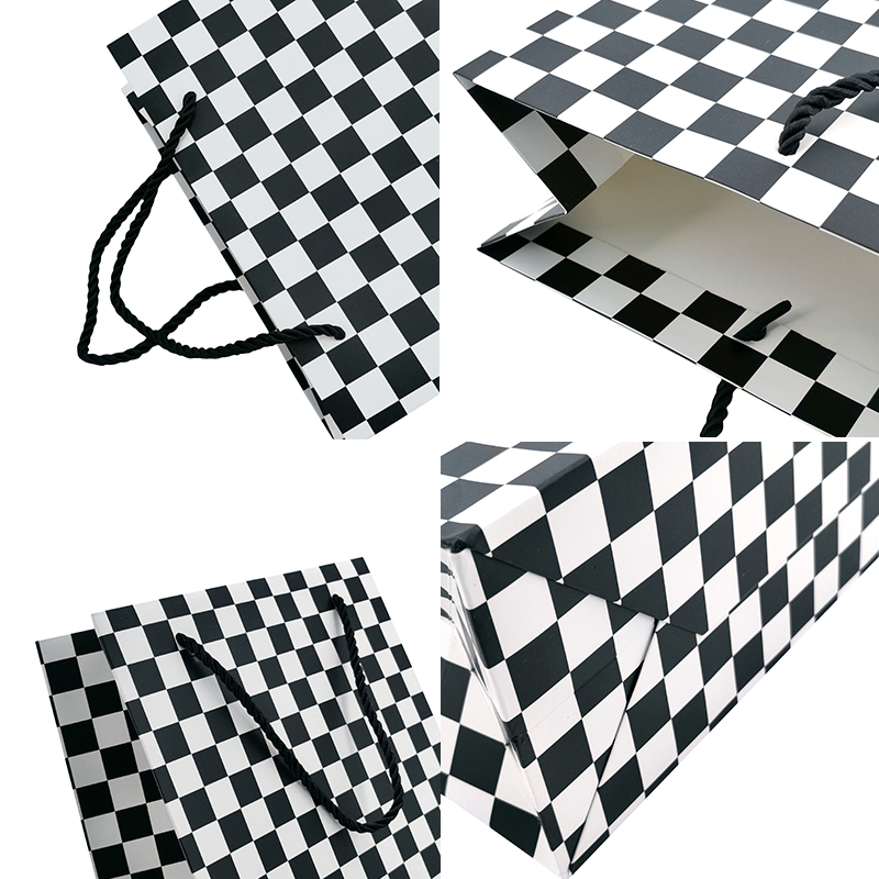 Bolsa de compras de papel blanco y negro a cuadros reciclados Lipack para regalo de fiesta